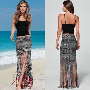 Worn ONCE Venus fringe shredded patterned maxi skirt. Multicolored. Size XS.